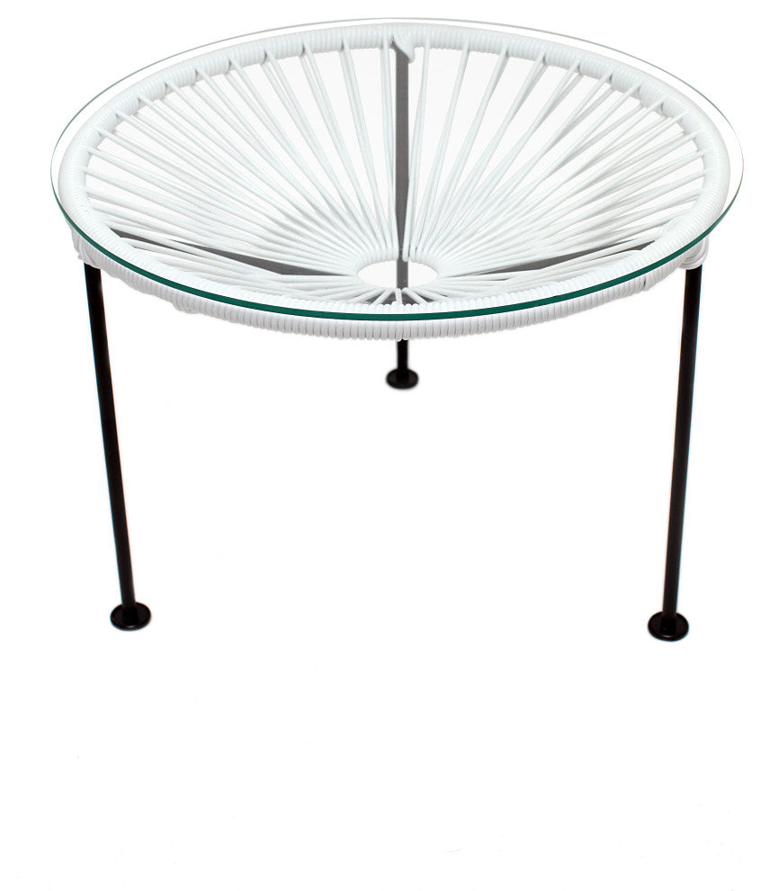Zicatela Indoor/Outdoor Handmade Side Table, White Weave, Black Frame