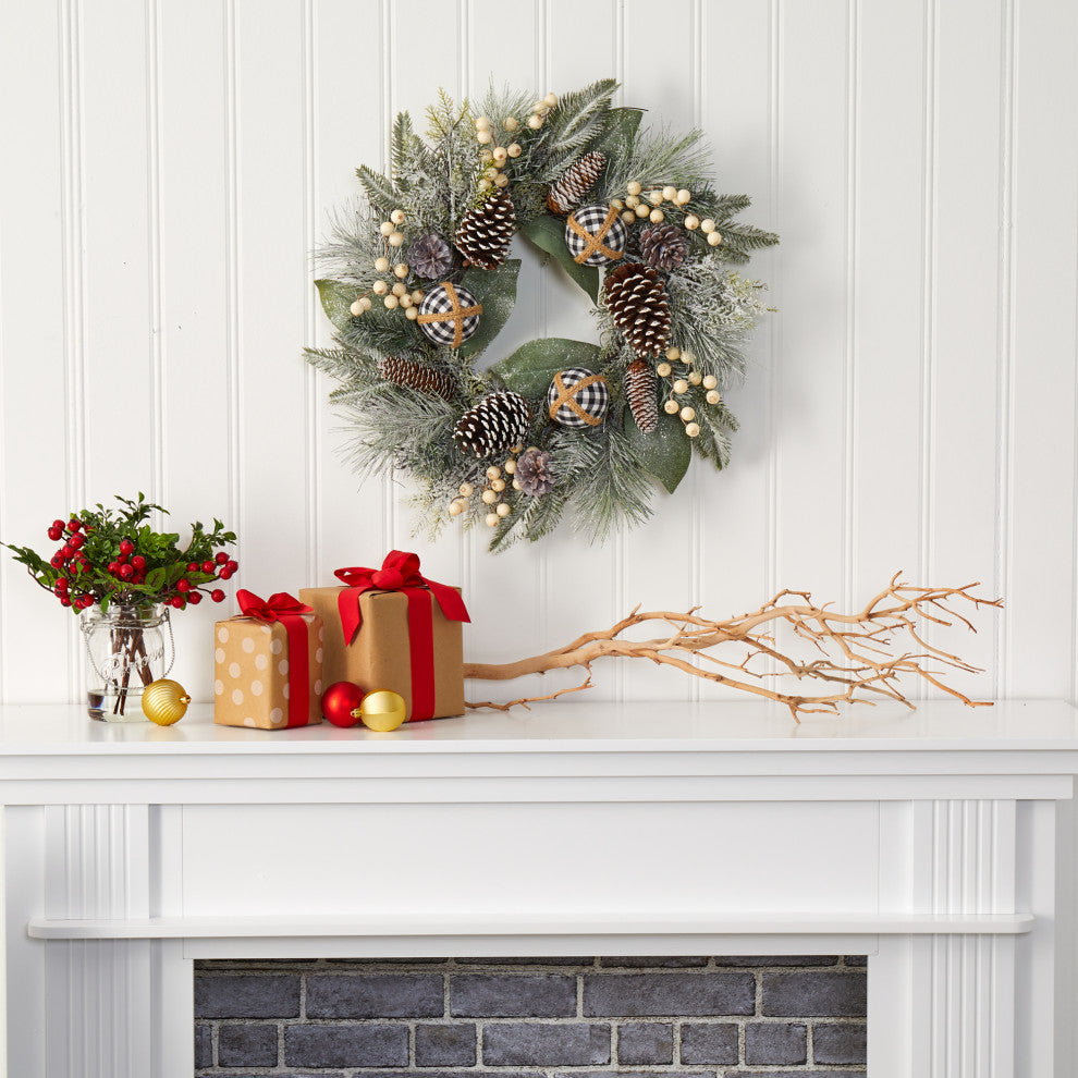24" Snow Tipped Holiday Artificial Wreath With Berries, Pine Cones and Ornaments