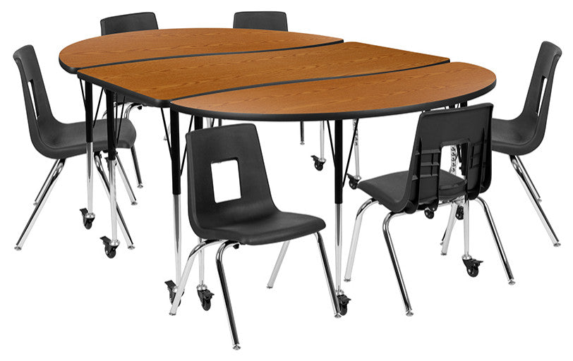 Mobile 86" Oval Wave Table Set with 16" Student Stack Chairs, Oak