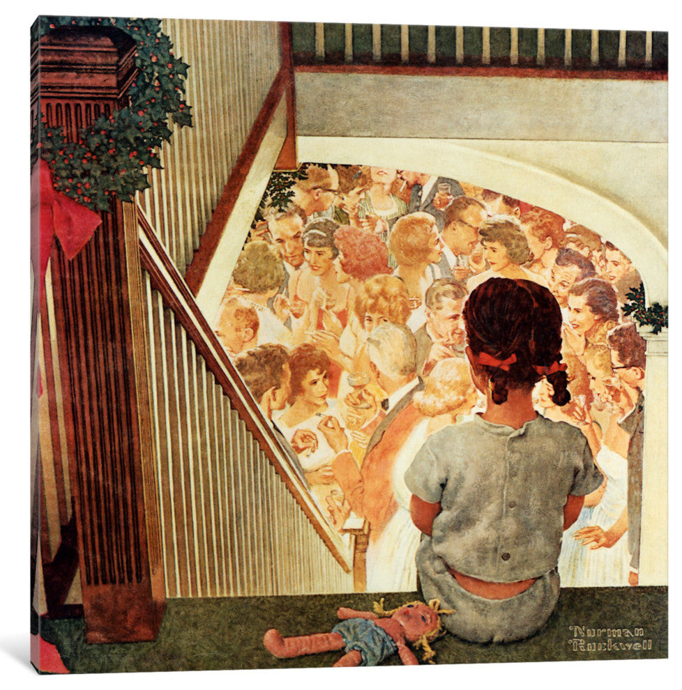 "Little Girl Looking Downstairs at Party" by Norman Rockwell, 26x26x1.5"