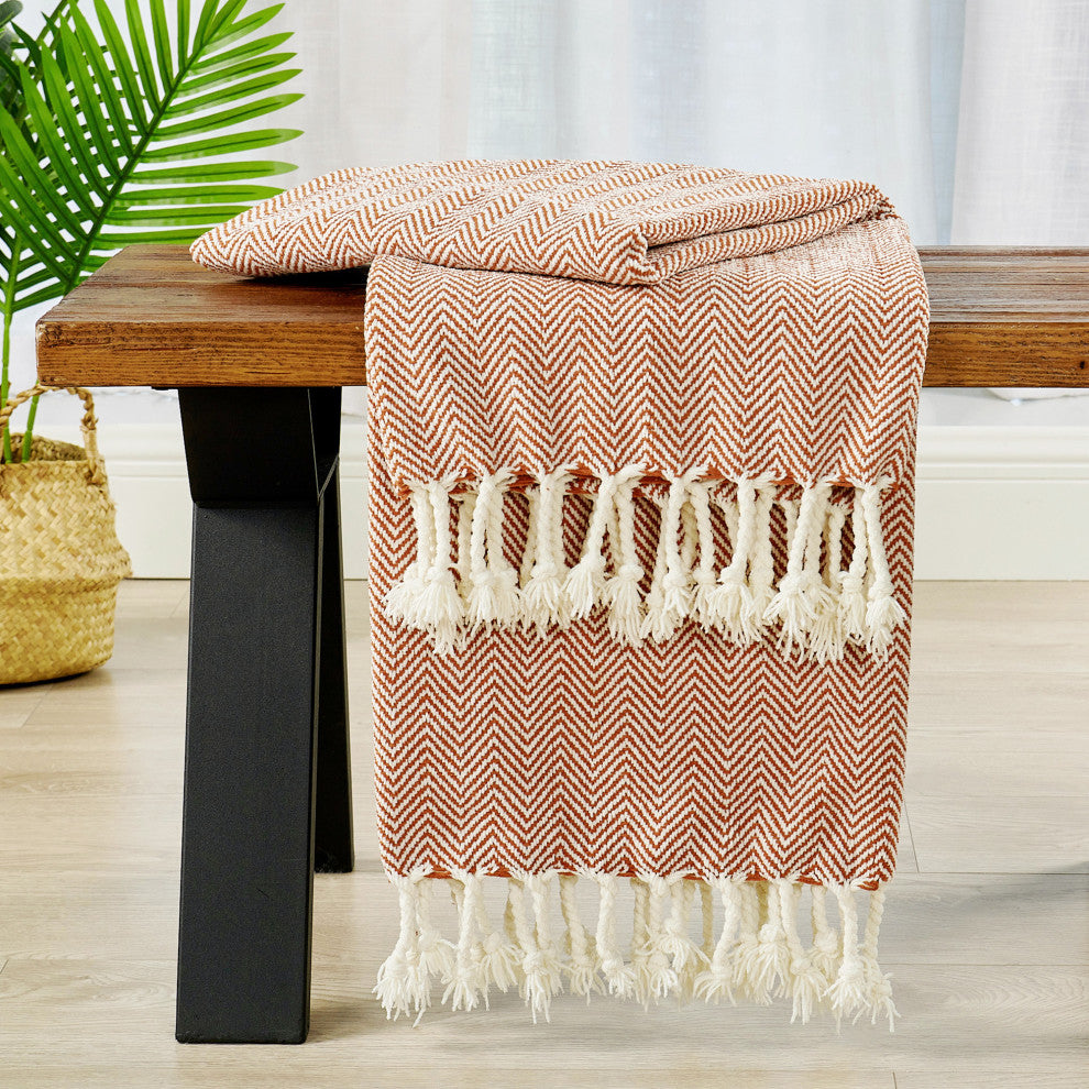 Chevron Knit Woven Throw Blanket, Rust