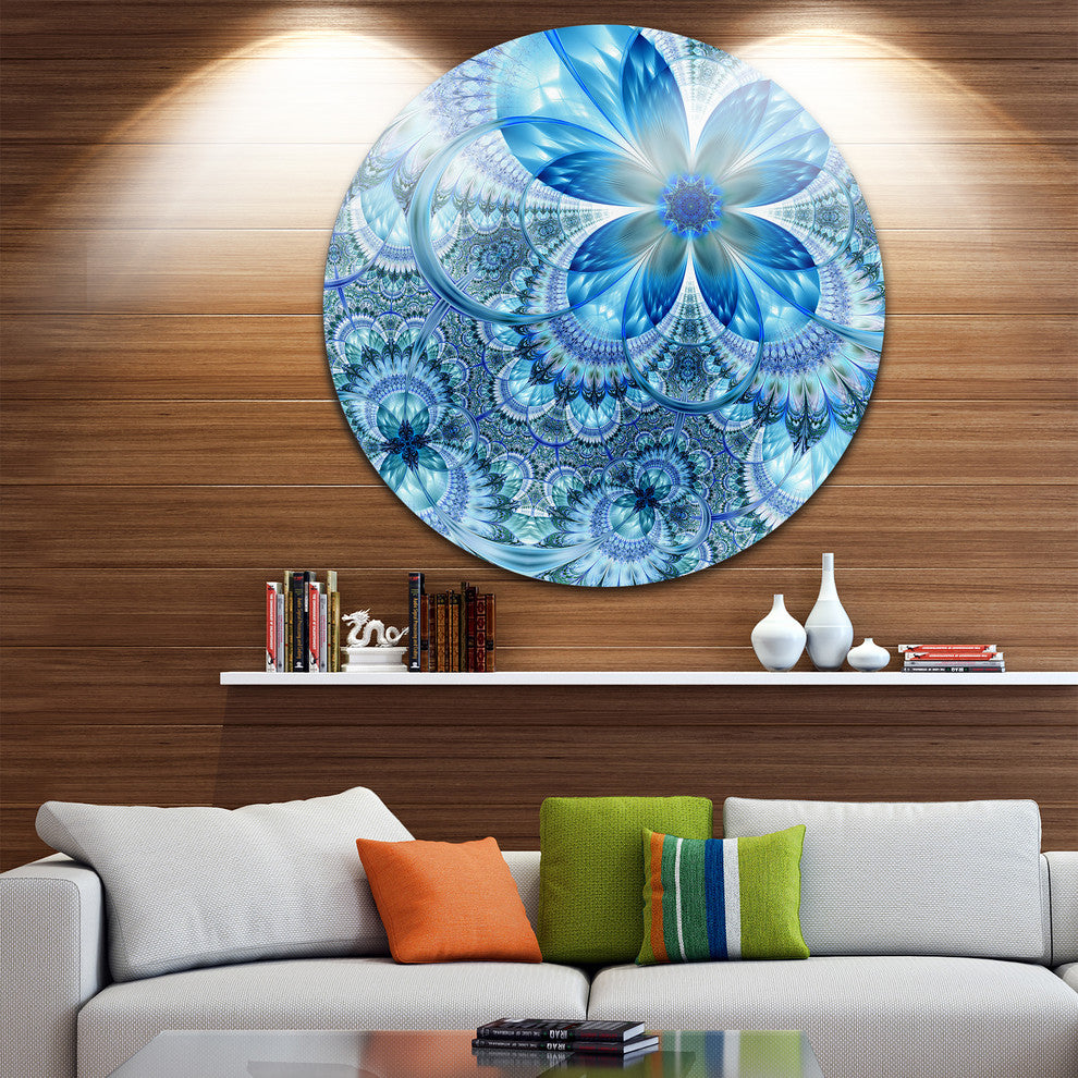 Blue Fractal Flower Pattern Design, Floral Round Wall Art, 36"