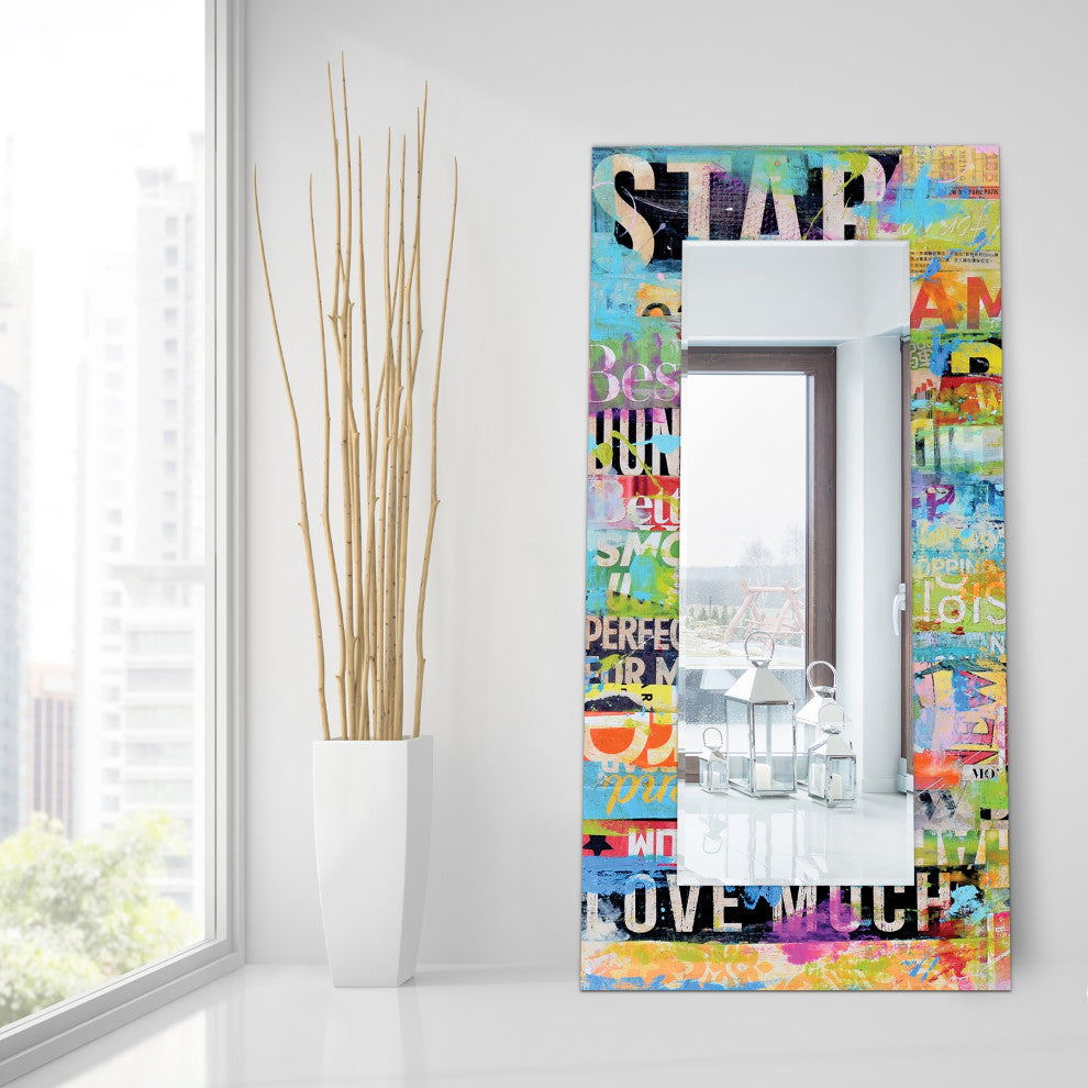 Metro Mix Rectangular Beveled Mirror on Free Floating Printed Tempered Art Glass