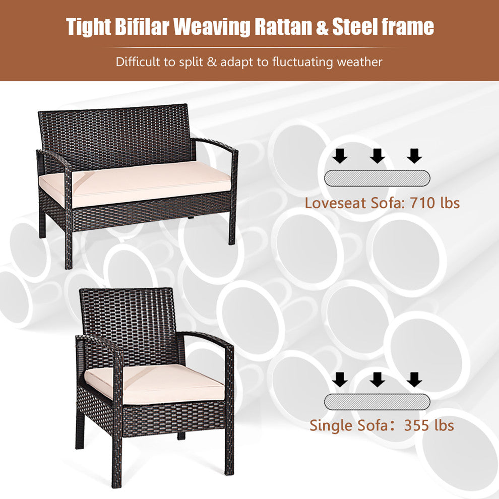 Costway 4PCS Patio Rattan Conversation Furniture Set Cushioned Seat Glass Table