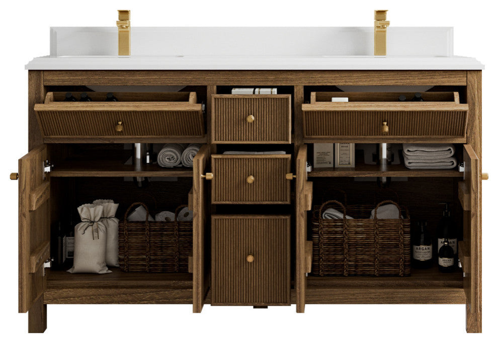 Sonoma Teak 60 Double Bathroom Vanity in Dark Natural with 2" White Quartz