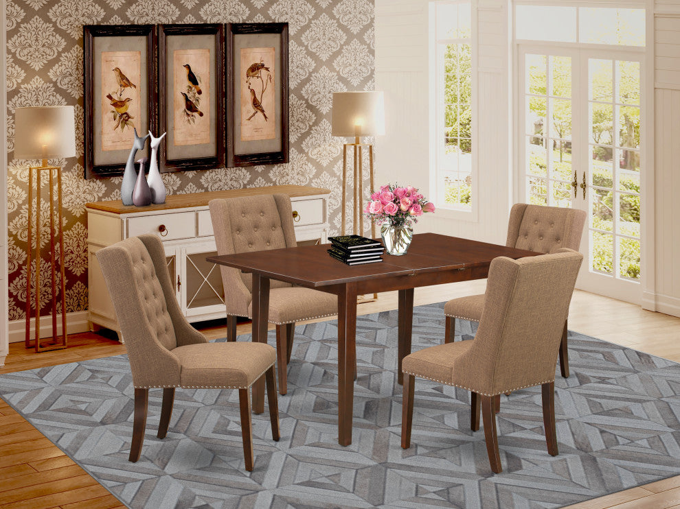 5Pc Dining Set, 1 Butterfly Leaf Table, 4 Light Sable Parson Chairs, Mahogany