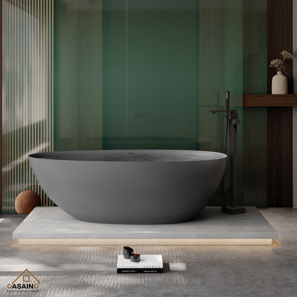 67in Solid Surface Freestanding Bathtub in Matte White, Matte Grey