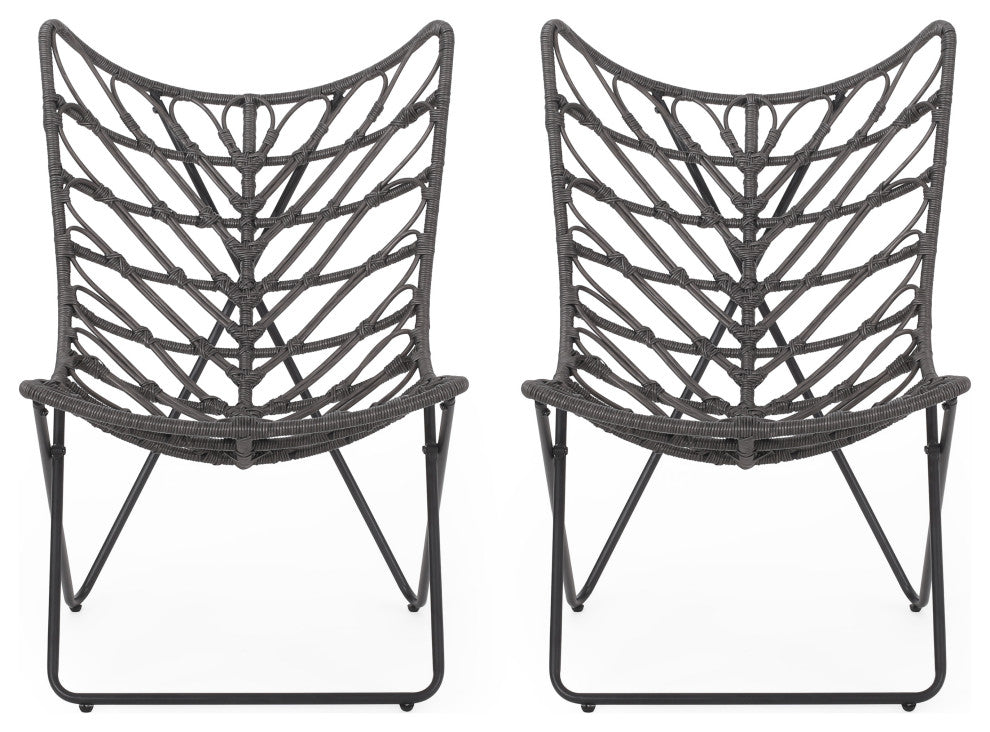 Danbury Outdoor Boho Modern Wicker Accent Chairs, Set of 2, Gray/Black