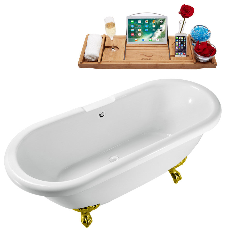 67" Streamline N1121GLD-WH Clawfoot Tub and Tray With External Drain
