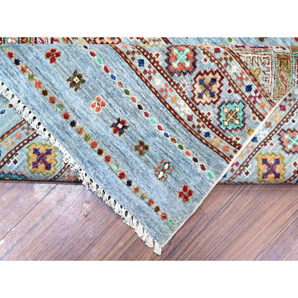 Blue Gray Super Kazak Khorjin Design Hand Knotted Wool Oriental Rug 8'2"x11'10"