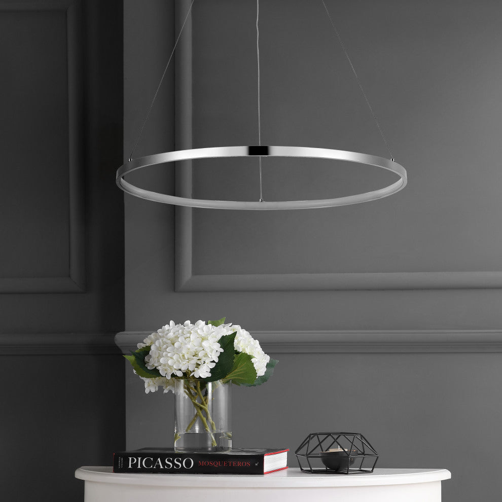 Circulo Metal Round Modern LED Pendant, Chrome, Width: 23.75"