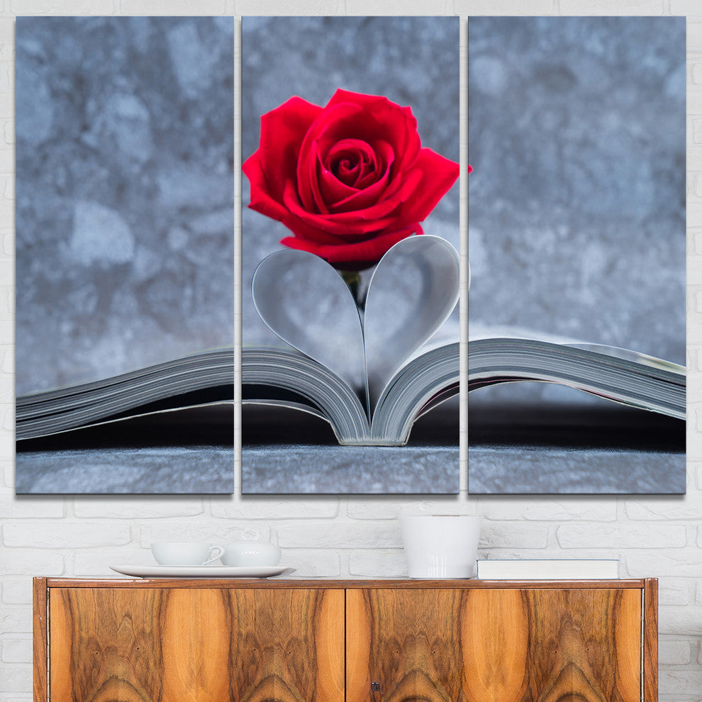 "Red Rose Inside the Book" Art Canvas Print, 3 Panels, 36"x28"