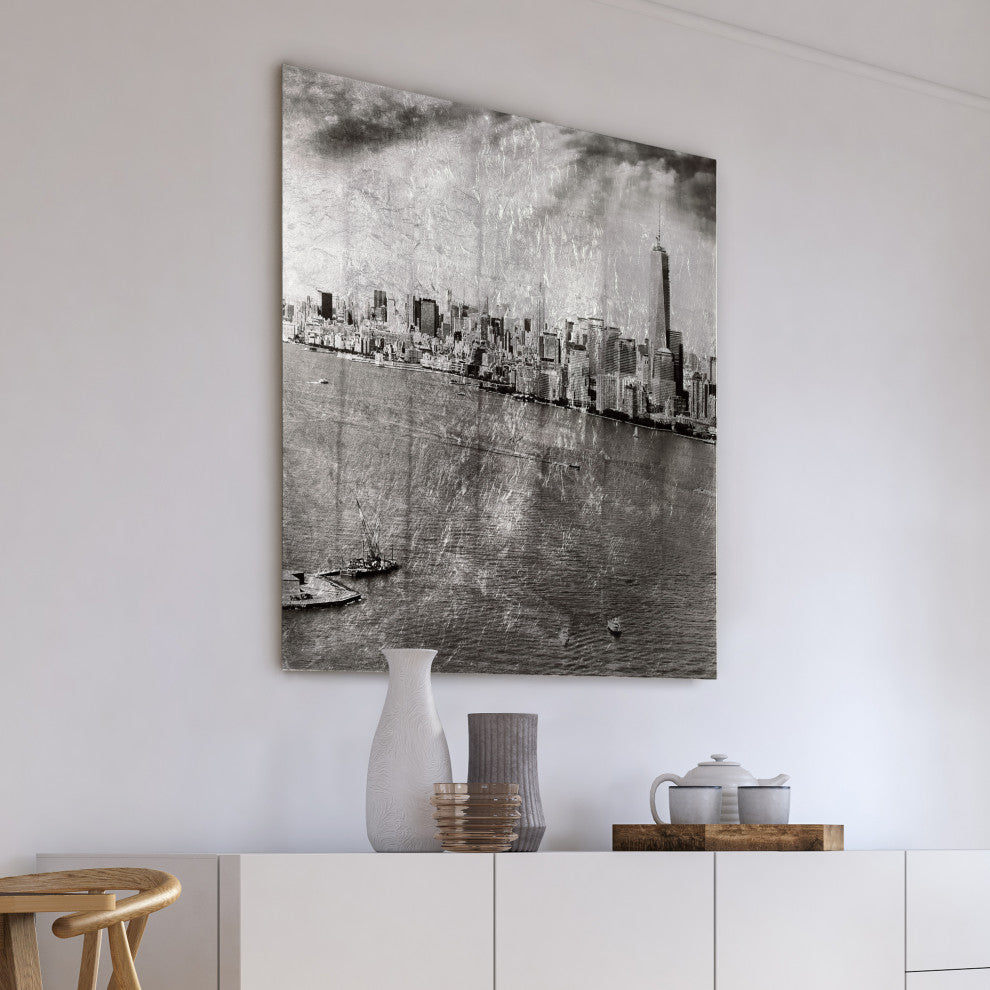 "New York Skyline B" Reverse Printed Tempered Glass With Silver Leaf