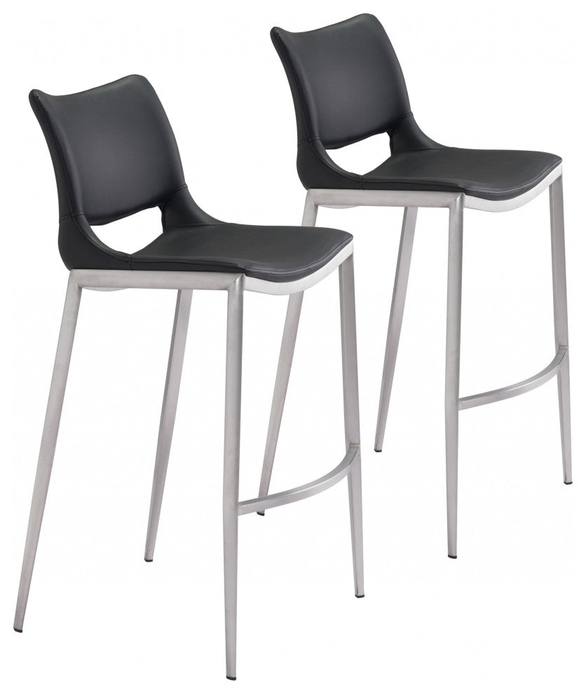 Set of Two Black Faux Leather and Silver Mod Ergo Bar Chairs