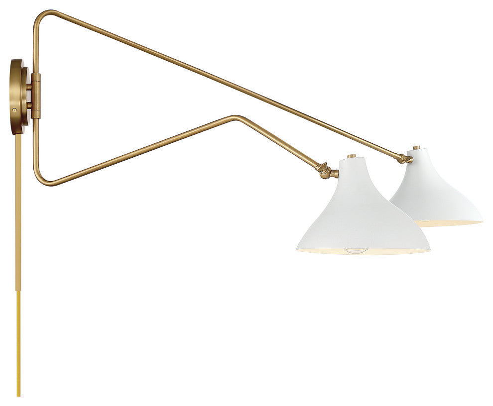 2-Light Wall Sconce, Matte Black With Natural Brass, White With Natural Brass
