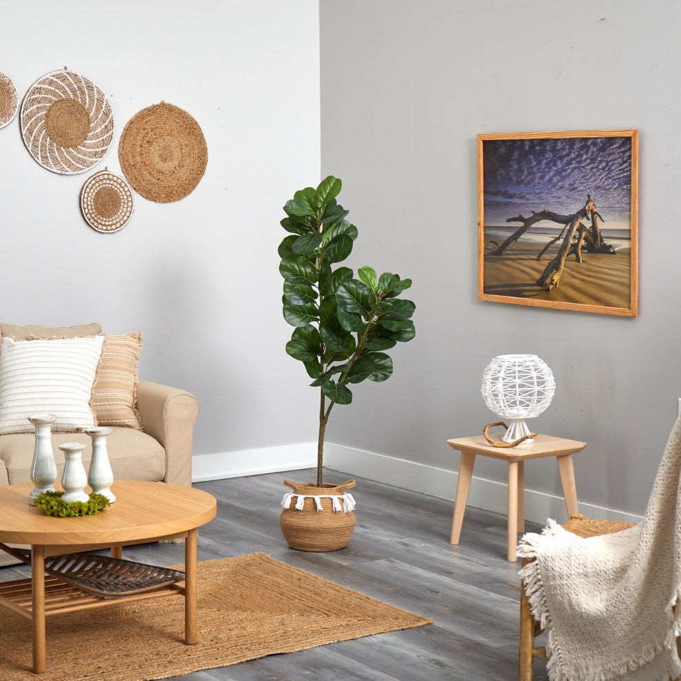 4.5' Fiddle Leaf Fig Artificial Tree With Boho Chic Woven Planter With Tassels