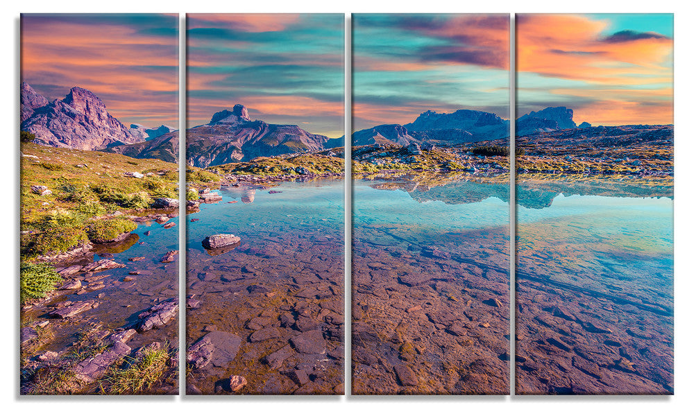 Beautiful Lake in Lago Rienza, Seashore Canvas Print, 48"x28", 4 Panels