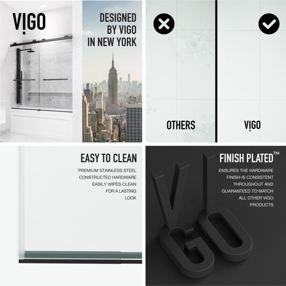 VIGO Houston Frameless Sliding, V-Motion, Matte Black, Tub Door, 56" to 60" W X 66" H, Clear Glass
