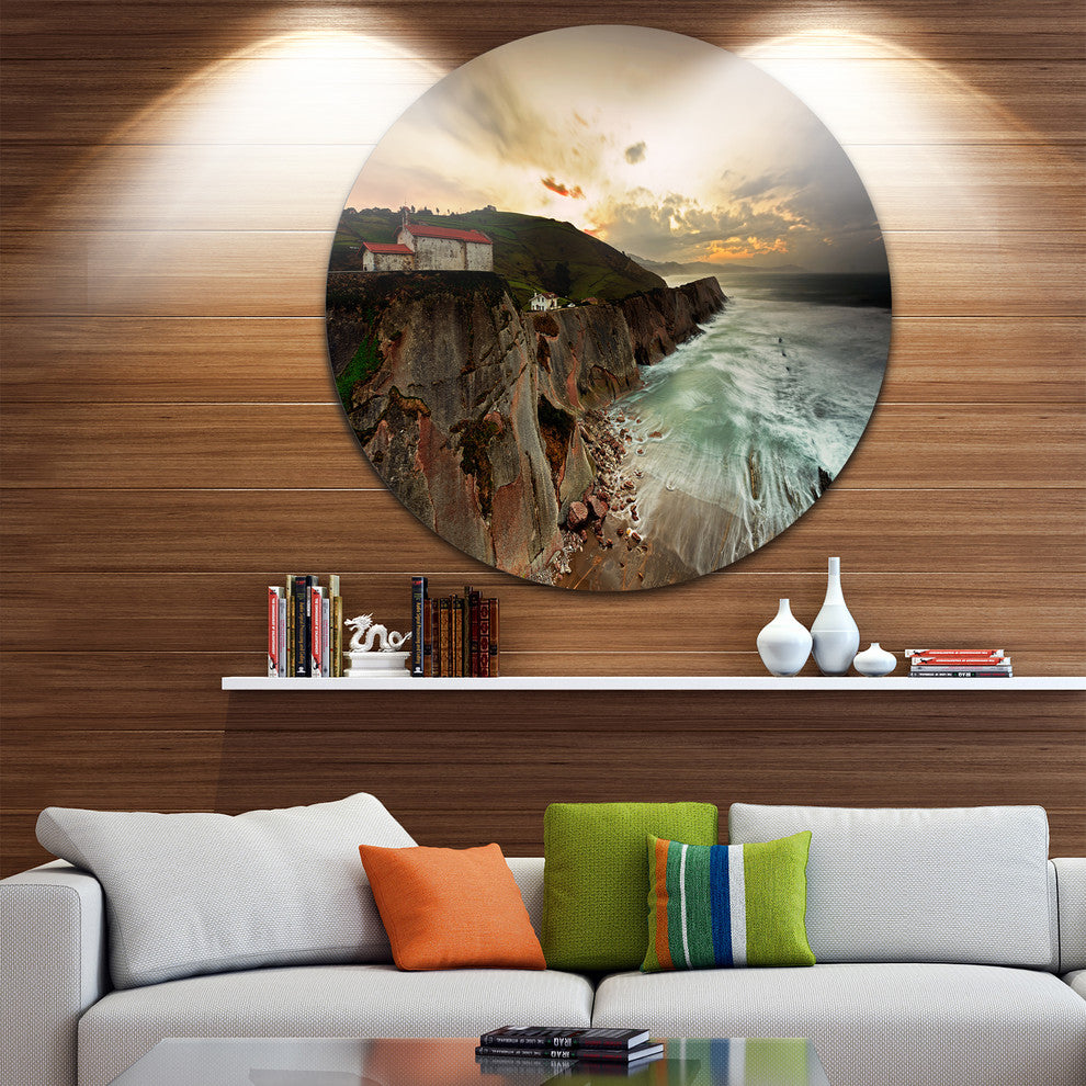 Ocean Hitting Rocky Hill, Seashore Photo Round Wall Art, 23"