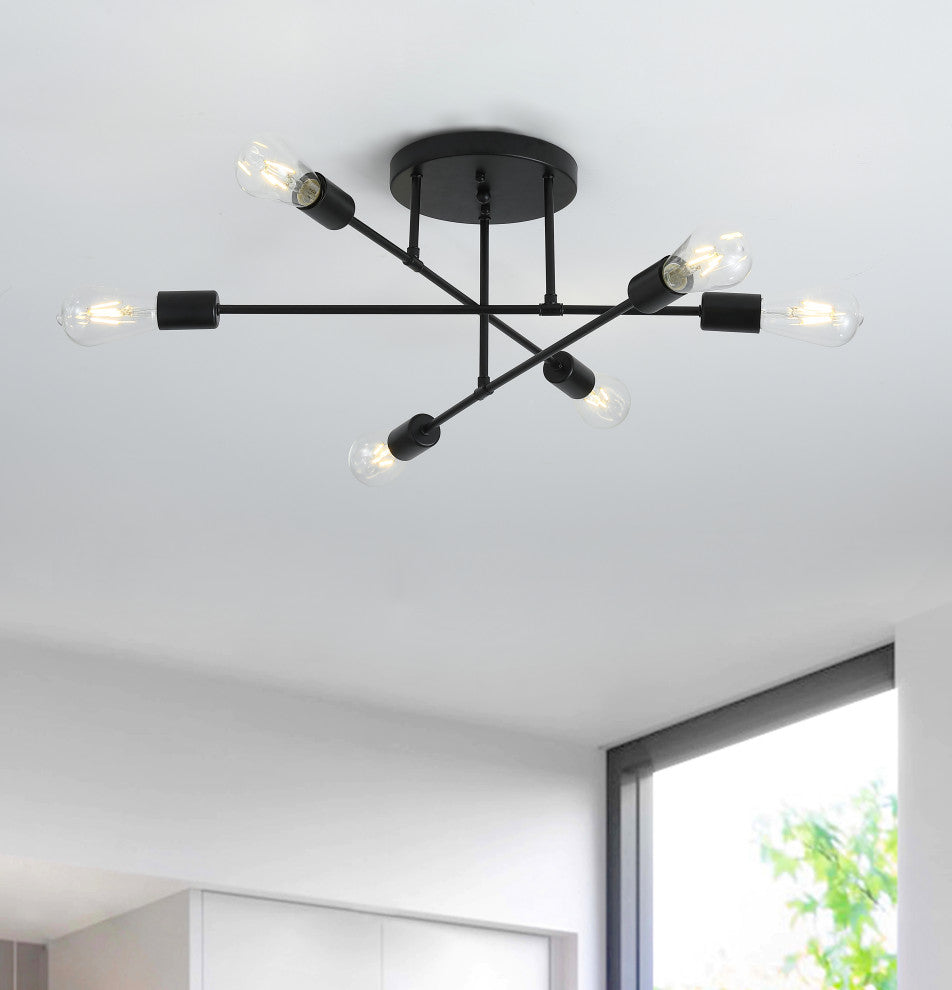 Modern Concise 6-Light Ceiling Light Sputnik Semi Flush Mount Light, Black