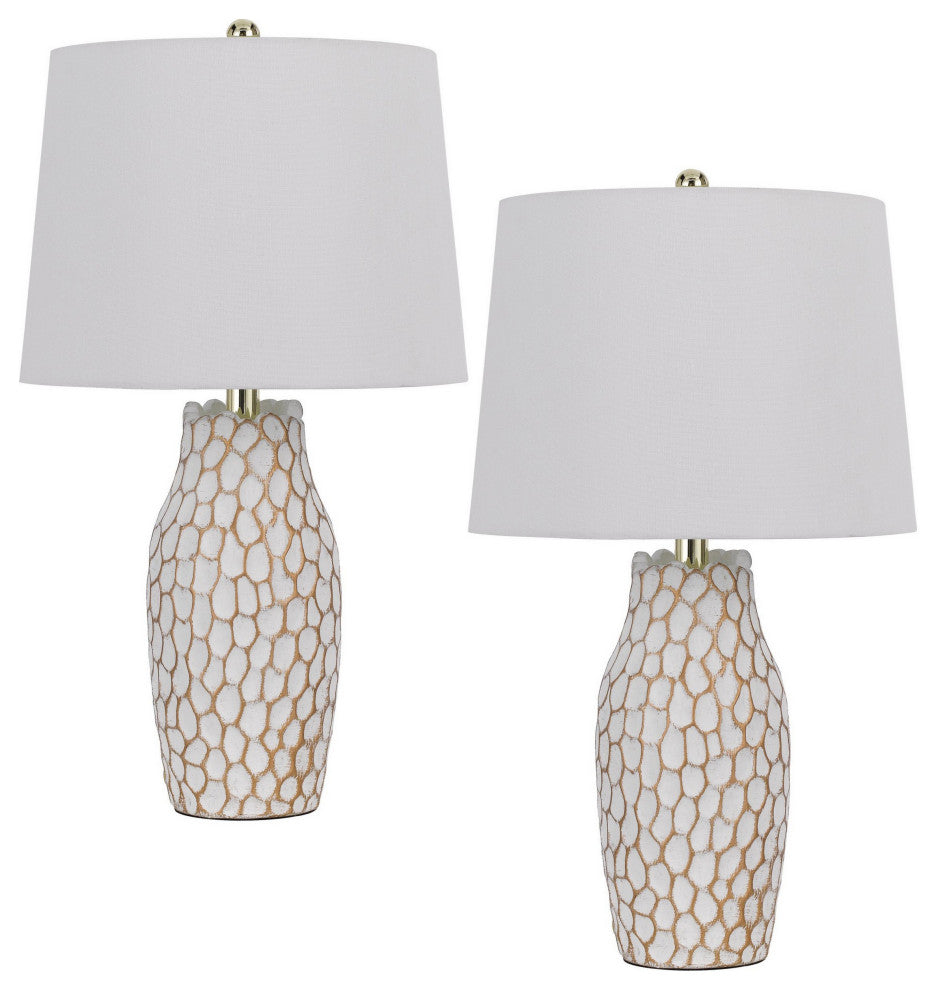 Benzara BM282183 23" Set of 2 Ceramic Table Lamp, Hammered Base, White, Gold