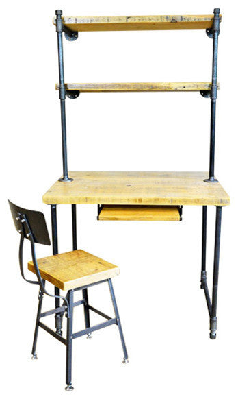 Salvaged Wooden Desk, Built, In Shelving Unit, Pipe Legs, 30x60x30, Natural Wood