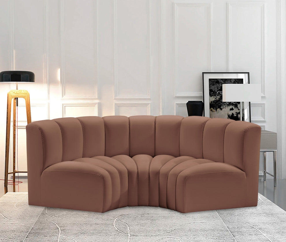 Arc Vegan Leather Upholstered 3-Pc. Inward Curved Modular Sectional, Cognac