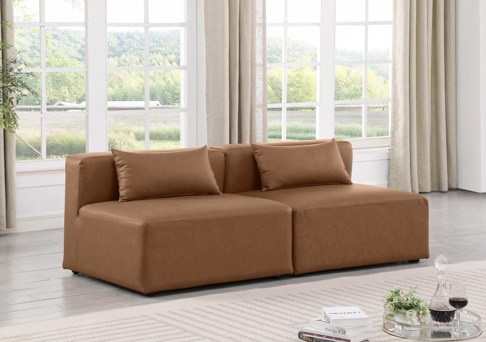 Cube Upholstered Modular Sofa, Brown, 2-Piece: 2 Armless Chair, Vegan Leather