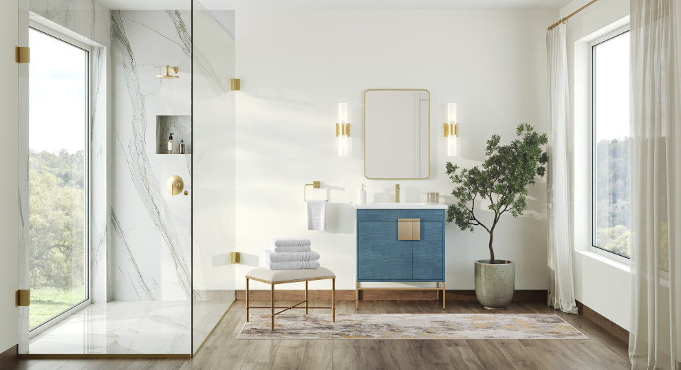 Lockhart Bath Vanity, French Blue, 30", Satin Brass Hardware, Single Sink, Freestanding