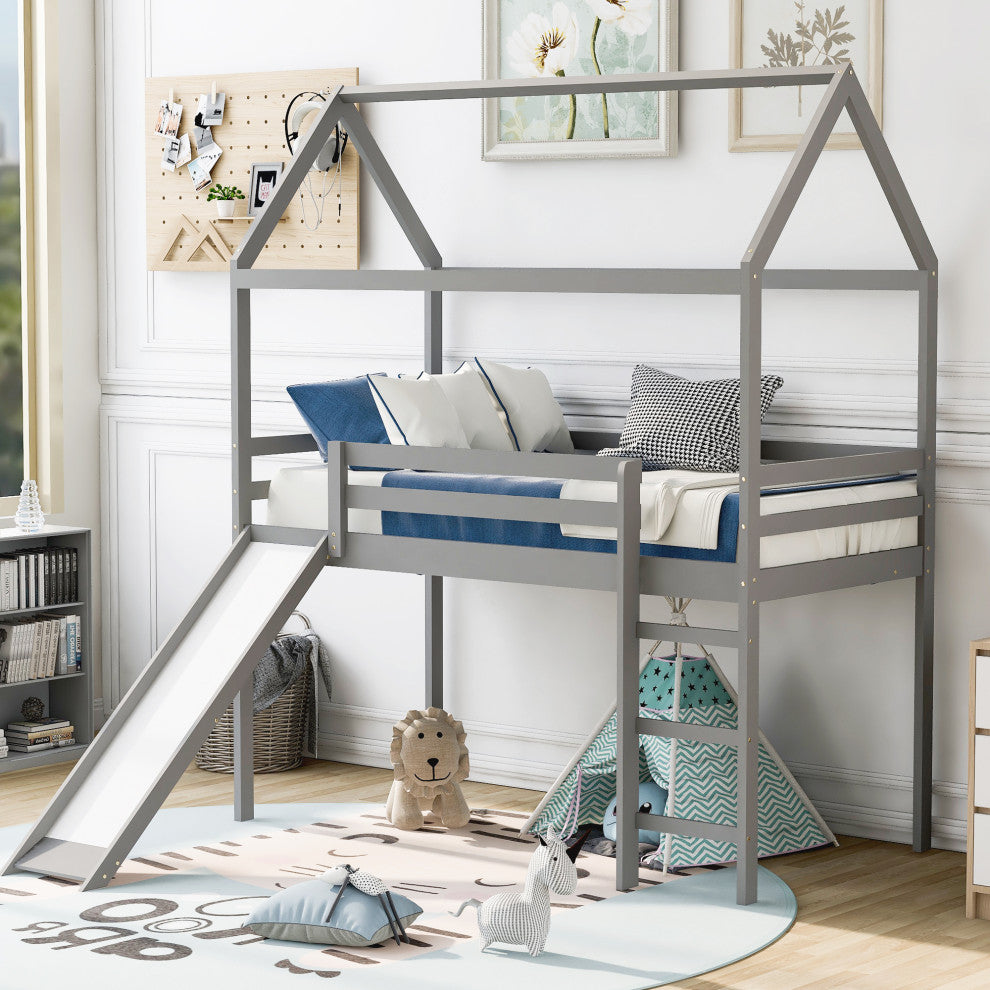 Gewnee Twin Loft Bed with Slide, House Bed with Ladder in Gray
