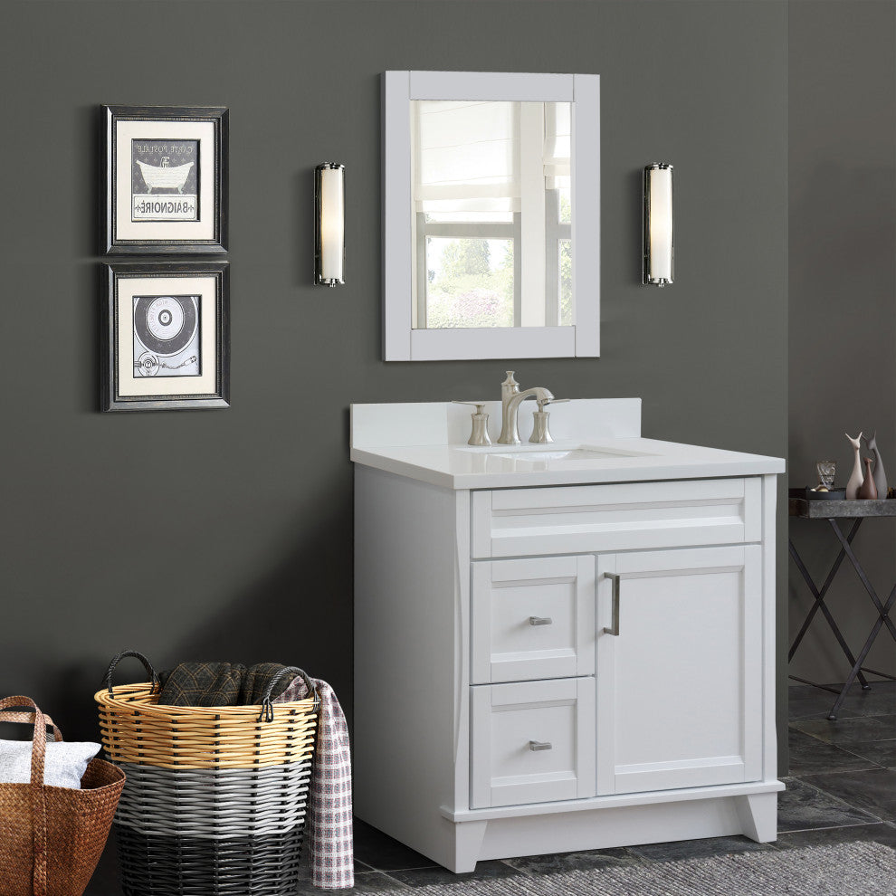 37" Single Sink Vanity, White Finish With White Engineered Stone Top