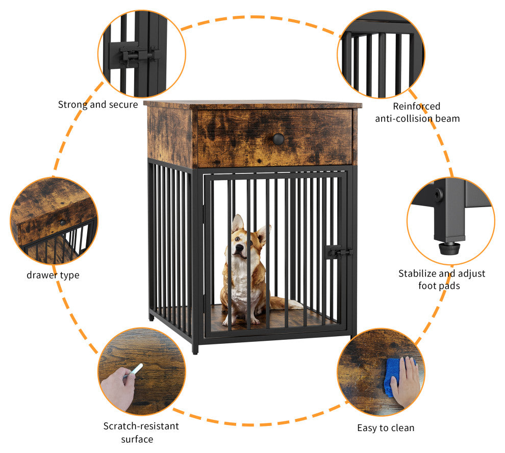 TATEUS Decorative Dog Crate with Drawer & End Table for Small Dogs, Brown