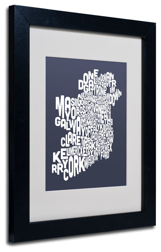 'Ireland Text Map - Slate' Matted Framed Canvas Art by Michael Tompsett