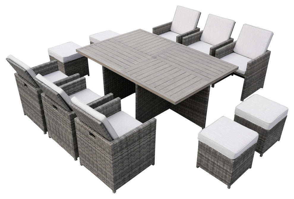 Outdoor Patio Wicker Dining Table Set with Chairs, 11-Piece Set, Gray