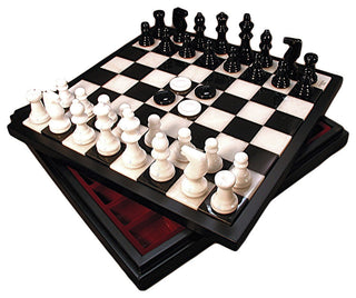 Black and White Alabaster Chest, Chess and Checkers Set