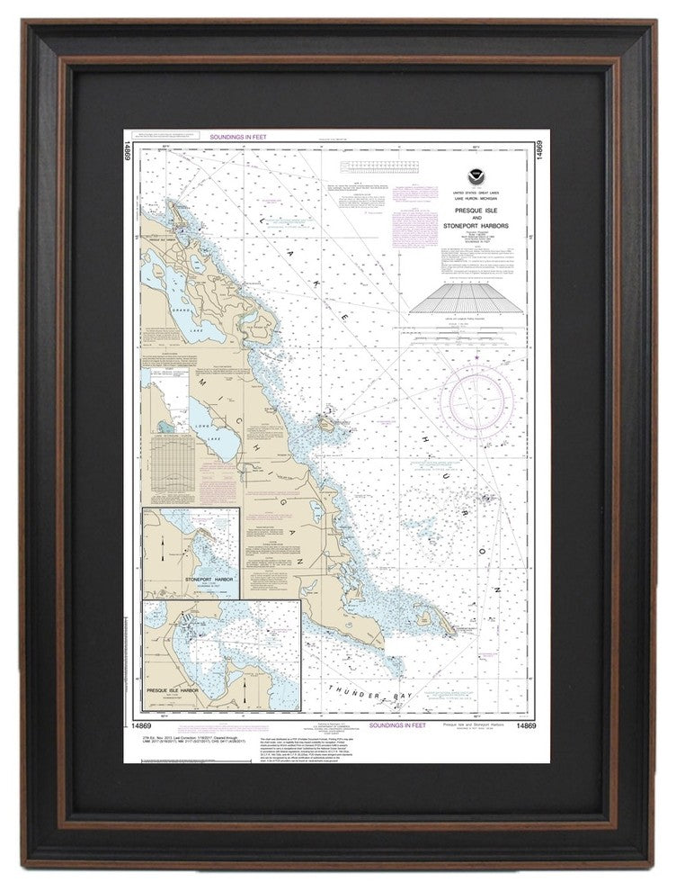 Framed Nautical Chart, Lake Huron Presque Isle & Stoneport Harbors, 24x36