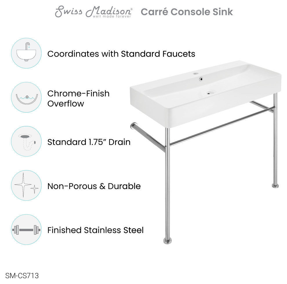 Carre 36" Ceramic Console Sink White Basin Chrome Legs