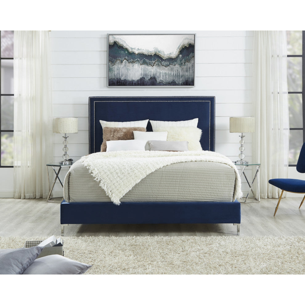 Giovanna Nailhead Trim Platform Bed, Navy Velvet, Queen