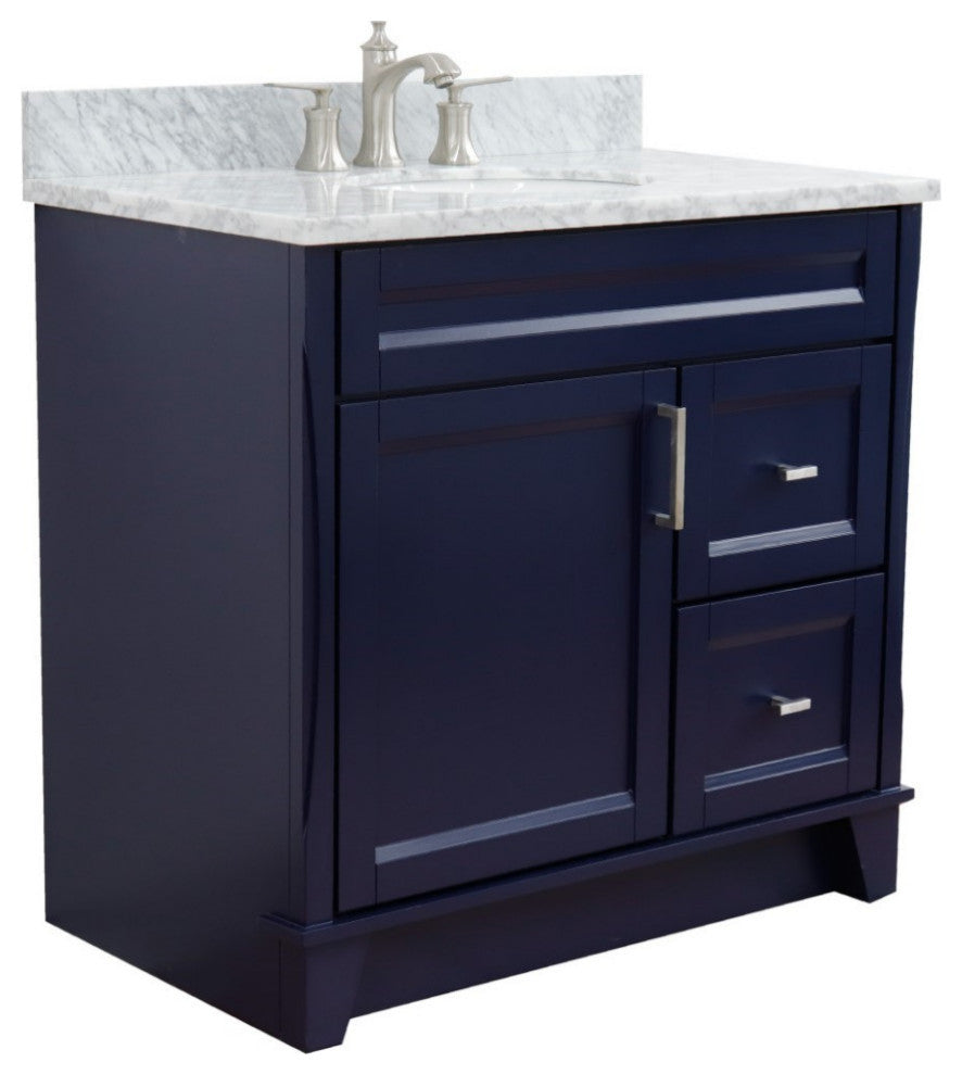 37" Single Sink Vanity, Blue Finish With White Carrara Marble