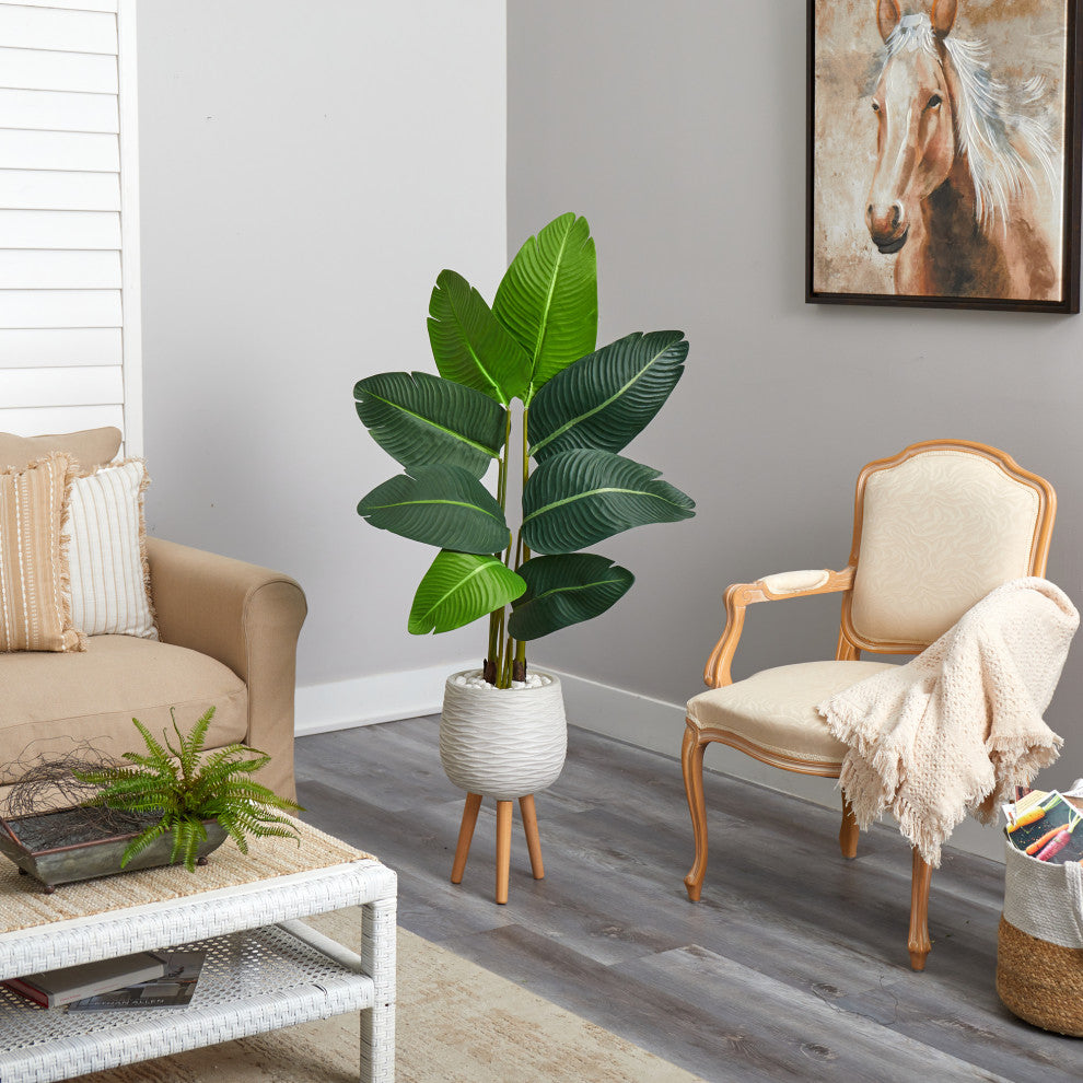5'' Travelers Palm Artificial Tree, White Planter With Stand