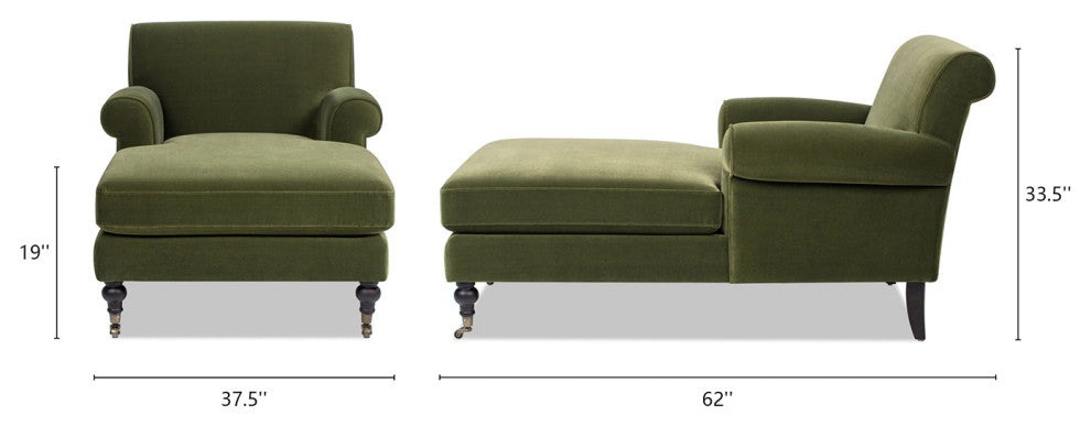 Alana Lawson Tight-Back Rolled-Arm Velvet Chaise Lounge Chair, Olive Green