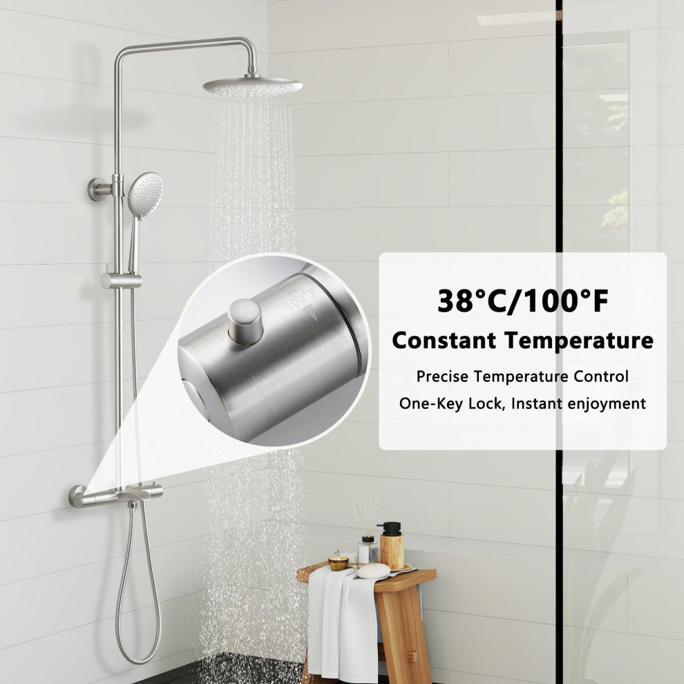 Thermostatic Round Shower Faucet Dual Head Waterfall Shower Bar System, Brushed Nickle