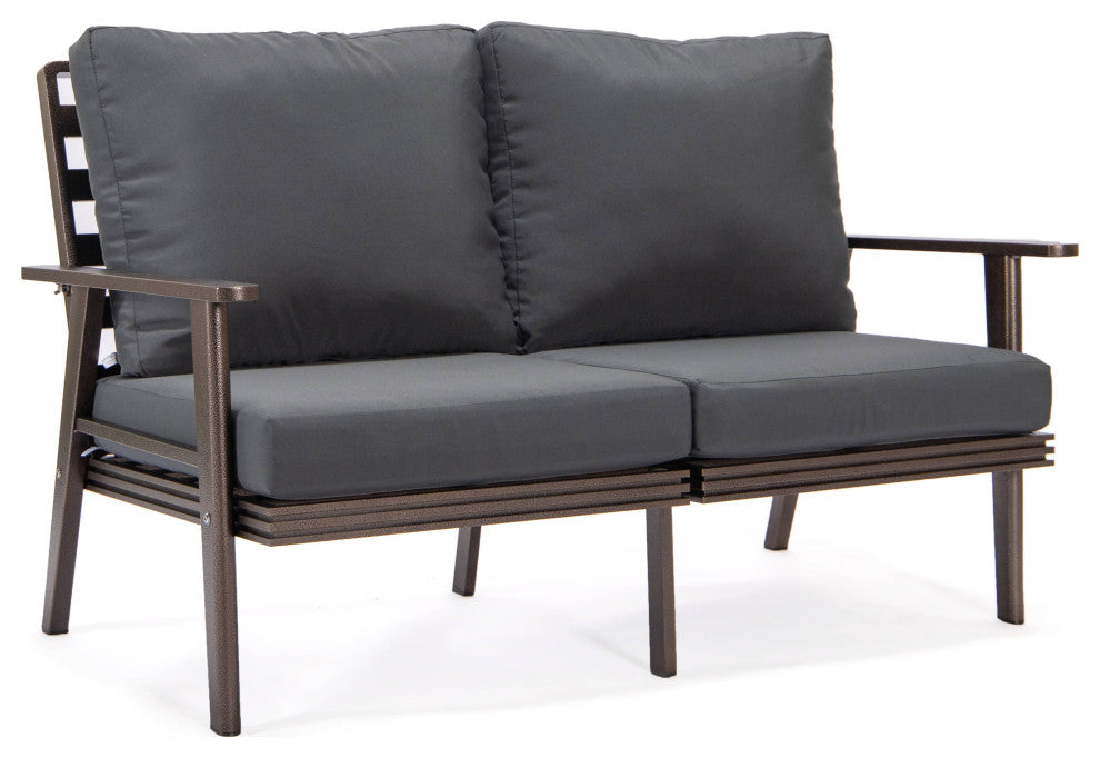 LeisureMod Walbrooke 3-Piece Patio Set With Brown Aluminum Frame and Cushions, Charcoal