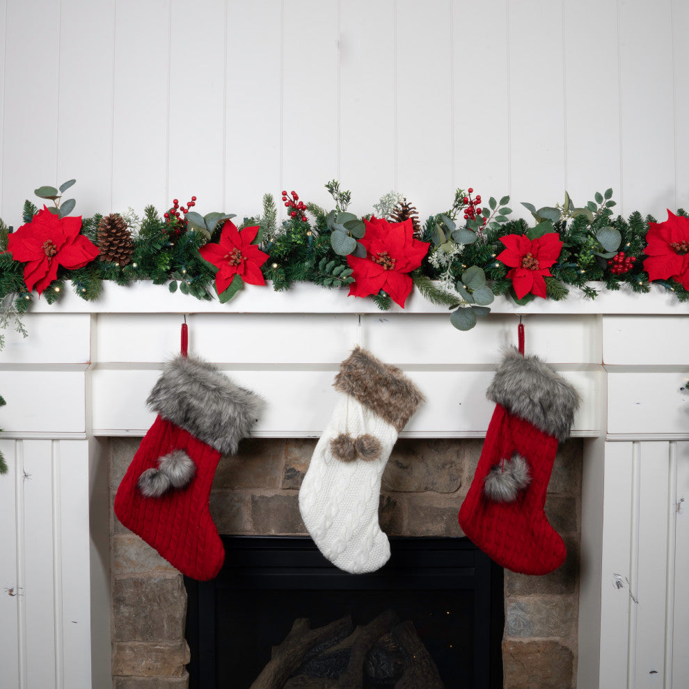 9' Artificial Christmas Garland with Lights, Christmas Poinsettia