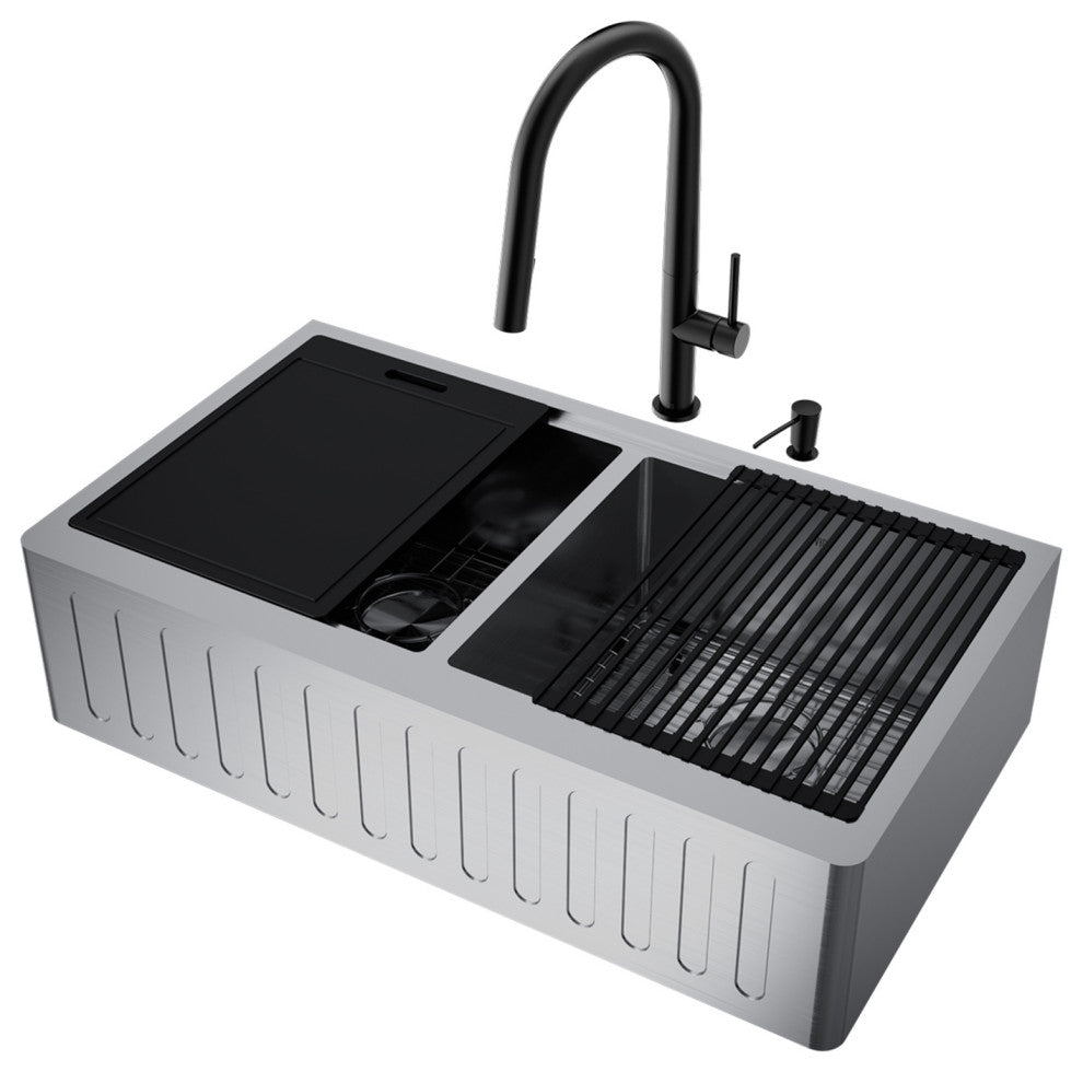 Oxford 36"L x 21"W Farmhouse Kitchen Sink and Greenwich 18"H in Black Faucet Set