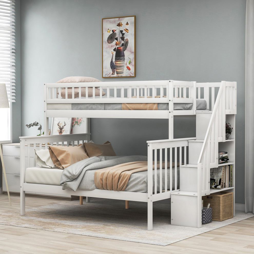 Gewnee Wood Twin Over Full  Bunk Bed with Storage Stairway in White