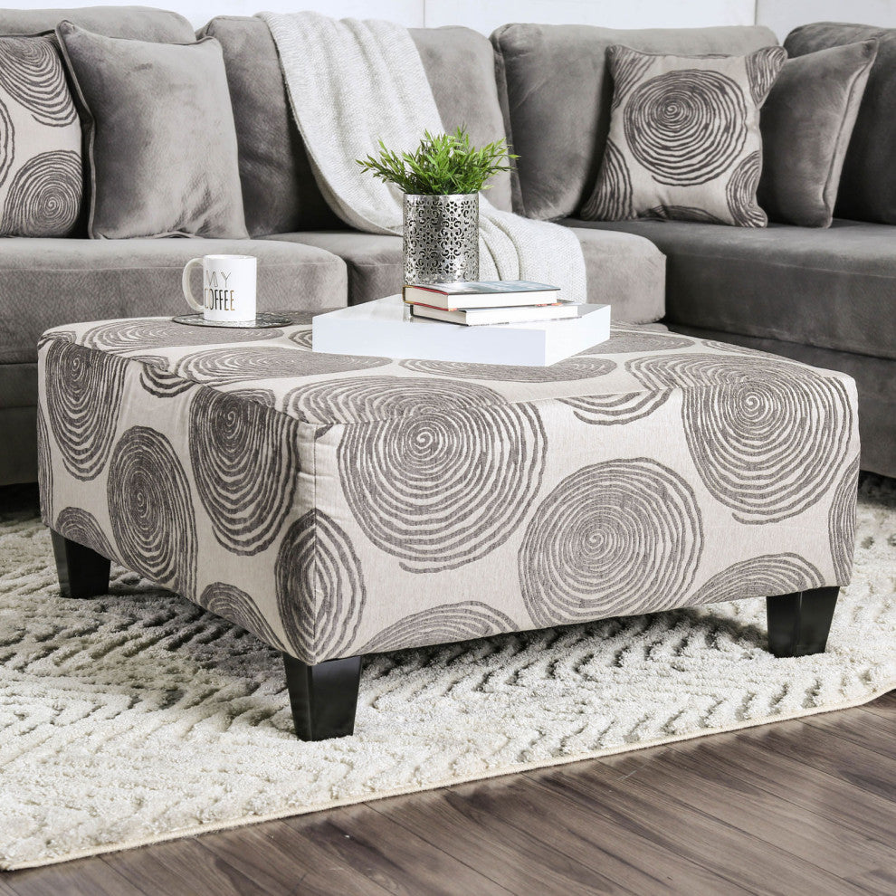 Fabric And Wooden Ottoman with Square Design, Gray