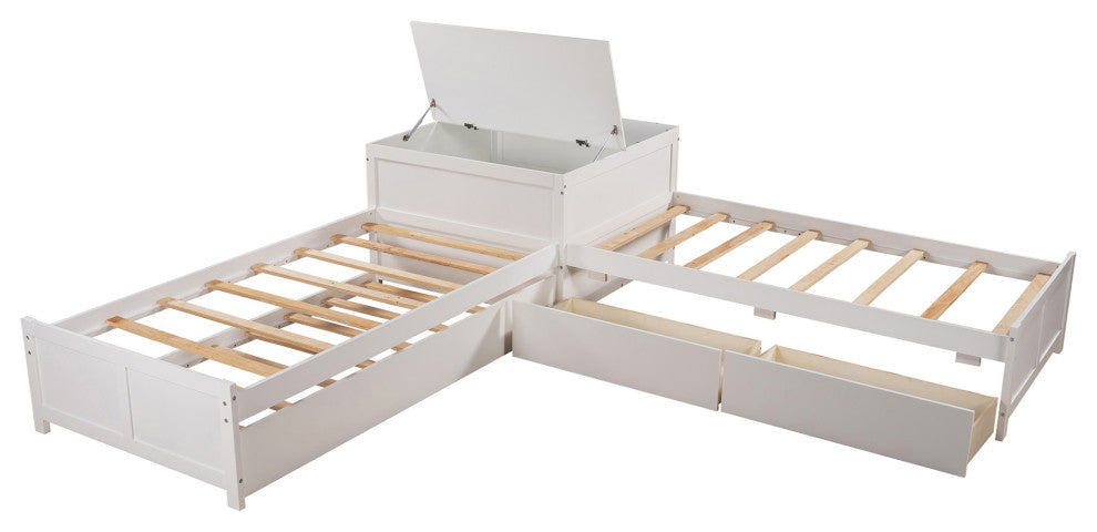 Twin Wood Frame Platform Bed with Trundle and Drawers , White, Twin