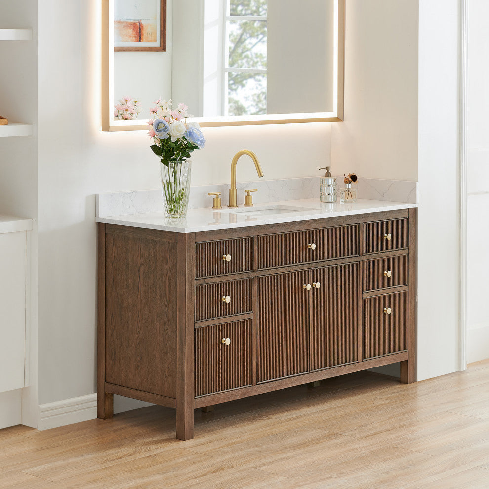 Cerrito Bathroom Vanity, Brown Brushed Oak, 60" Single, Without Mirror