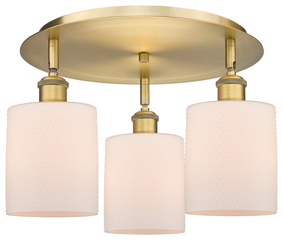 Cobbleskill-3 Light 17" Flush Mount-Brushed Brass, Matte White Glass Shade